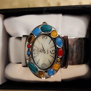 Silver Tone Cuff Watch with Multicolored Stones